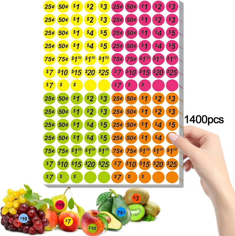 Darfukei Garage Sale Price Stickers, 1400 PCS 3/4 Inch Price Stickers for Yard Sales, Flea Markets, County Fairs & Retail Use, Pricemarker Labels, 4 Colours Round Price Tags - Image 1